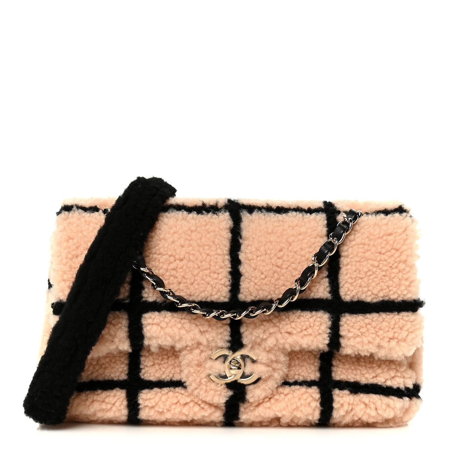 Chanel Shearling Lambskin Large Fluffy Tartan Single Flap Pink Black 1 of 11