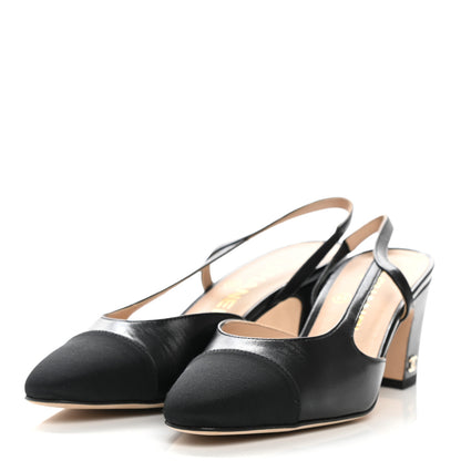 Chanel Goatskin Grosgrain Cap Toe CC Slingback Sandals 36.5 Black 3 of 9