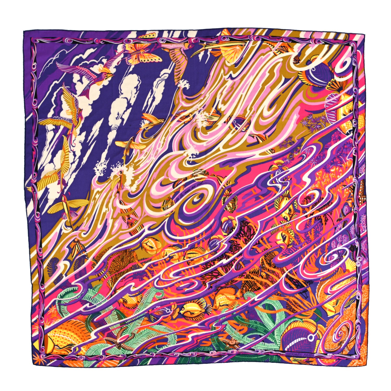 Hermes Cashmere Silk De La Mer Au Ciel Shawl 140 Violet Orange Vert 1 of 5