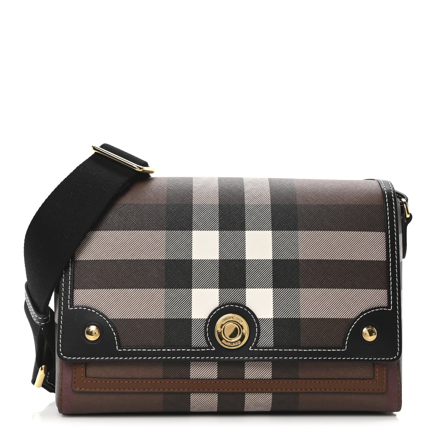 Burberry Calfskin Giant Check E-Canvas Note Crossbody Bag Dark Birch Brown 1 of 9