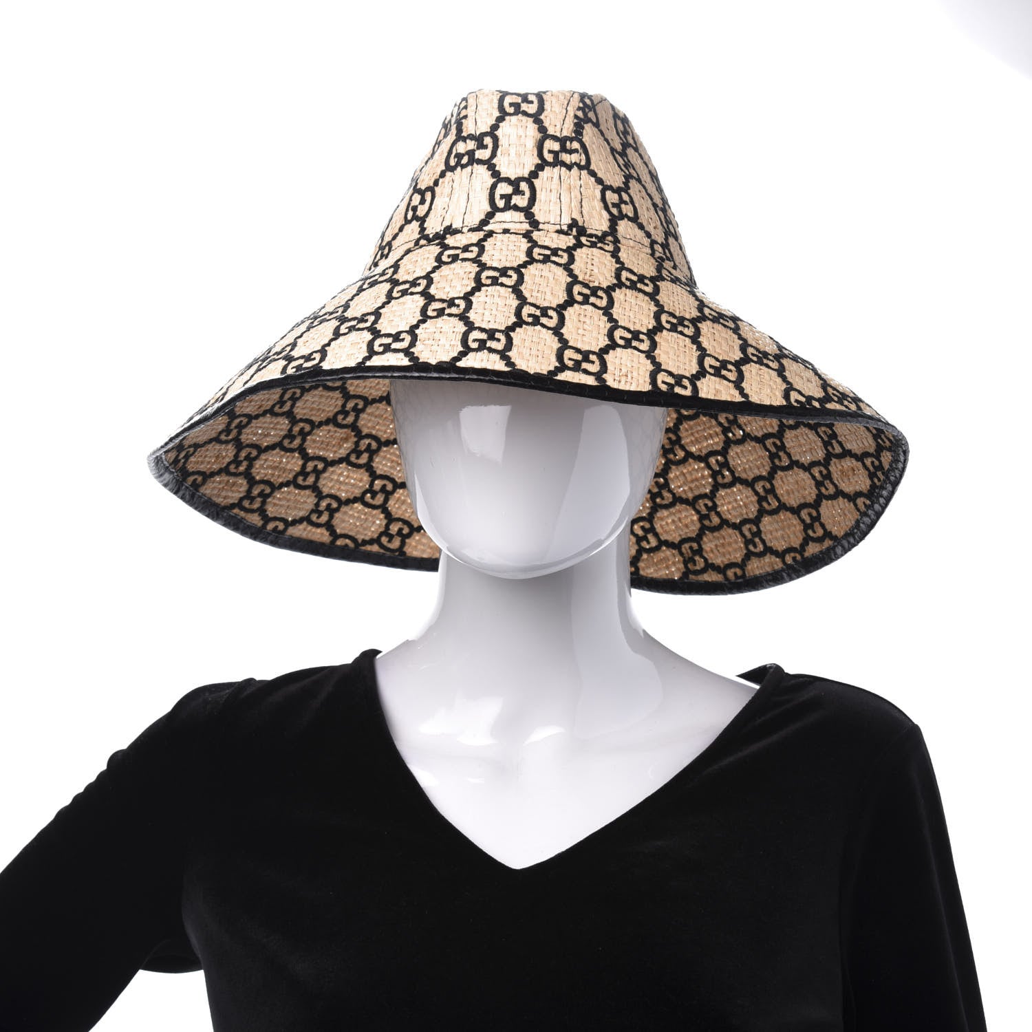 Gucci Raffia Elaphe GG Monogram Embroidered Wide Brim Hat Ivory Black 2 of 8