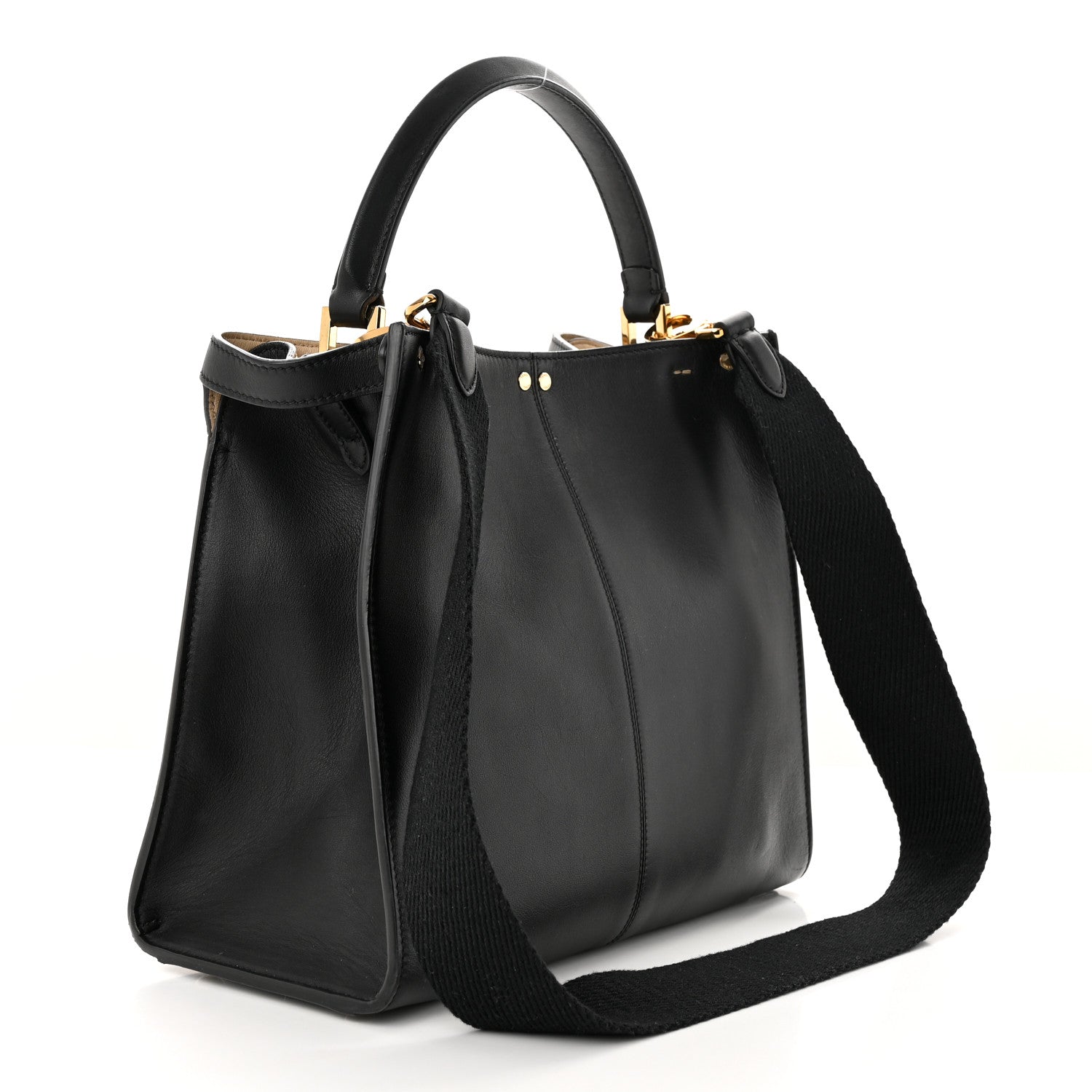 Fendi Vitello Seta Glazed Fabric FF 1974 Medium Peekaboo X-Lite Black Mogano Panna 3 of 9