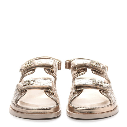 Chanel Iridescent Lambskin Quilted Velcro Dad Sandals 38 Light Bronze 2 of 9
