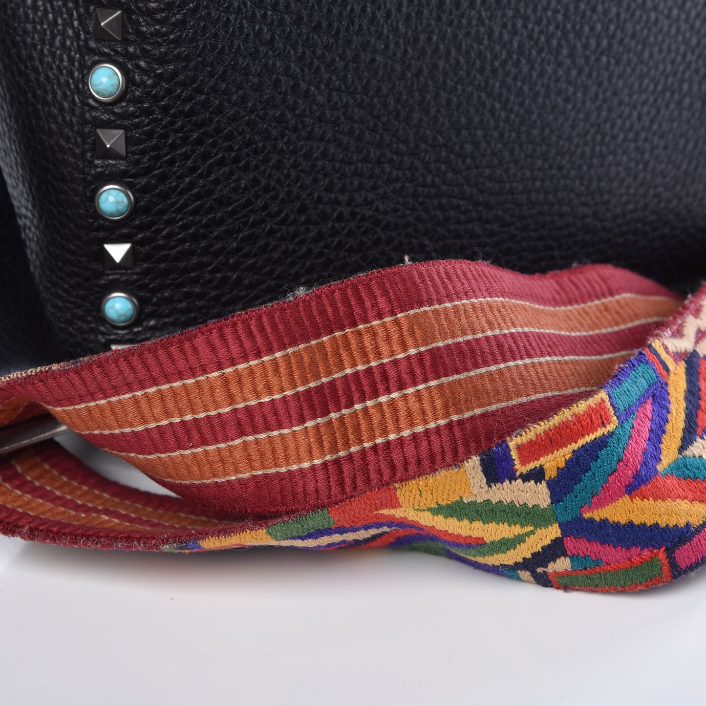 Pebbled Calfskin Tribal Small Guitar Strap Rockstud Rolling Flip-Lock Messenger Bag Black