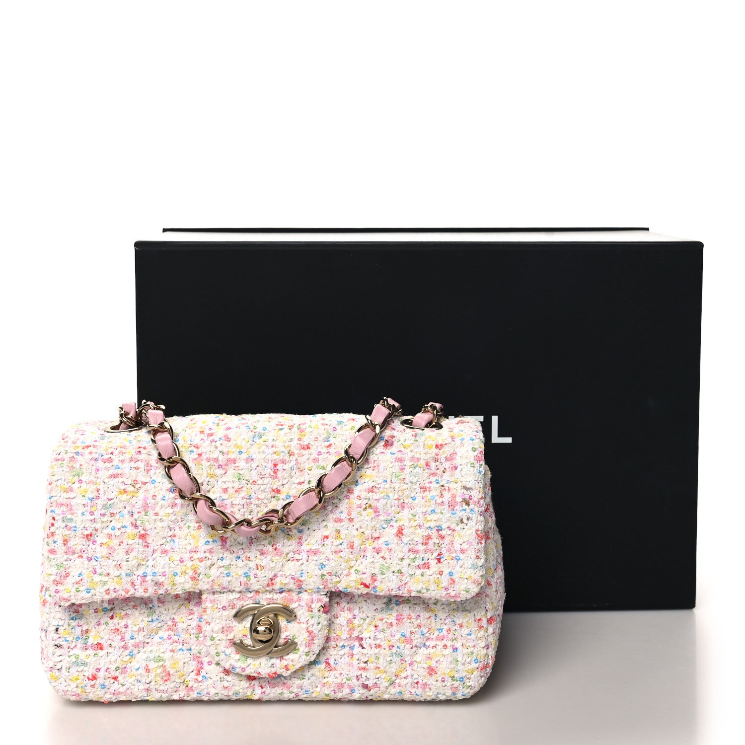 Chanel Tweed Quilted Mini Rectangular Flap White Pink Green Blue 11 of 11