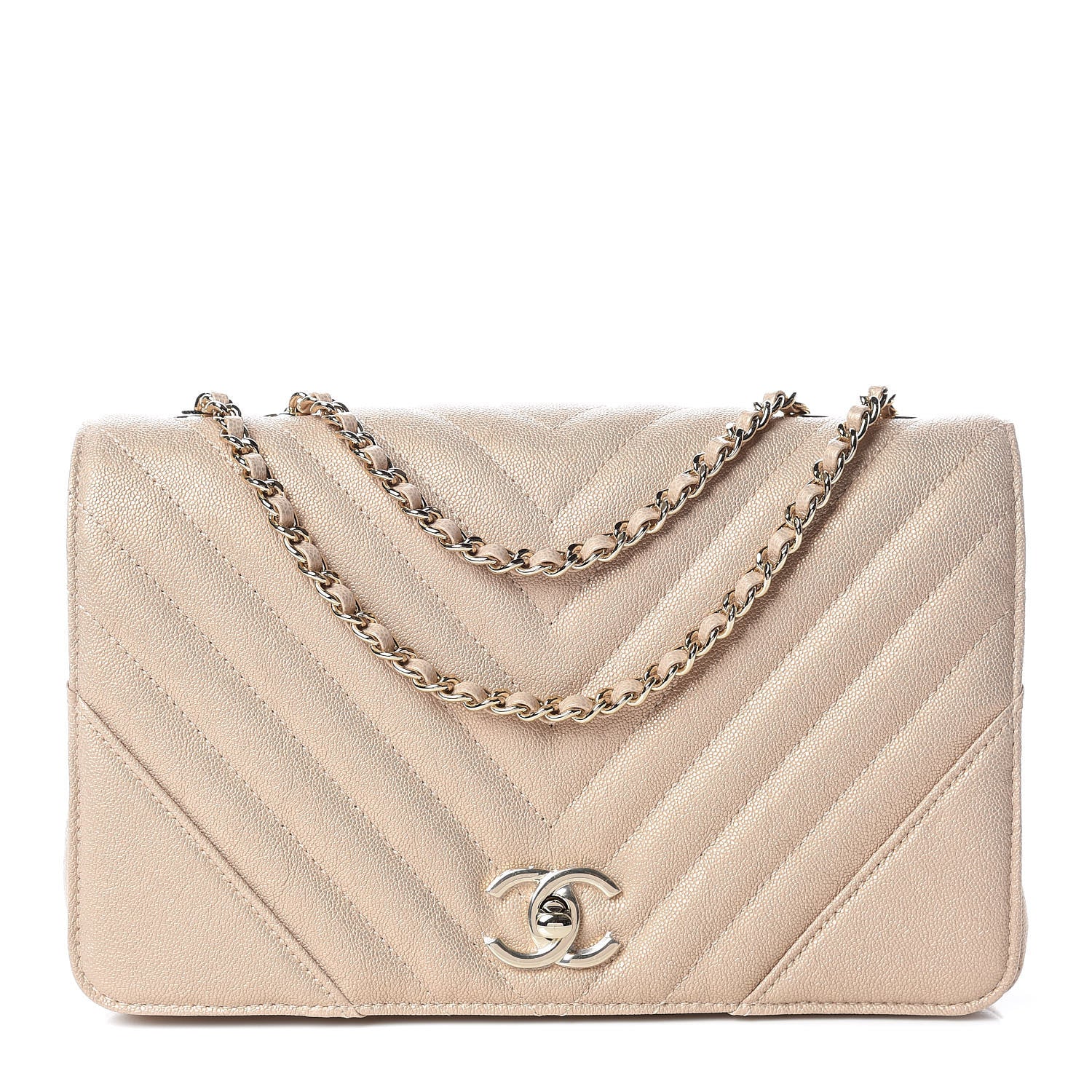 Chanel Metallic Caviar Chevron Quilted Medium Statement Flap Beige 1 of 9