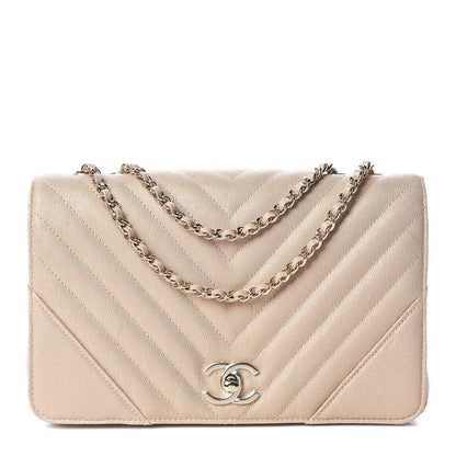 Chanel Metallic Caviar Chevron Quilted Medium Statement Flap Beige 1 of 9