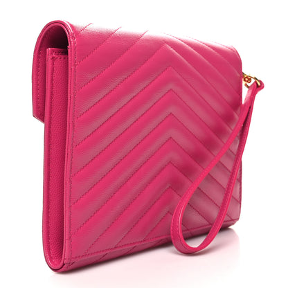Saint Laurent Grain De Poudre Matelasse Chevron Monogram Envelope Clutch Fuxia Couture 3 of 11