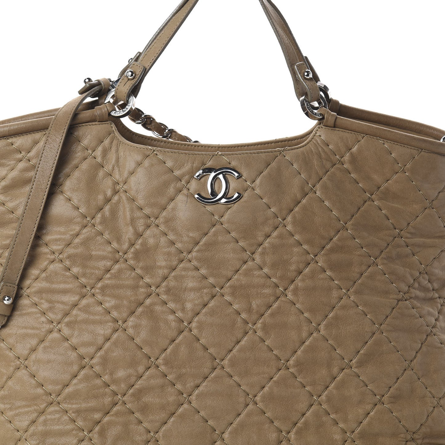 Iridescent Calfskin Quilted Large Sea Hit Tote Beige