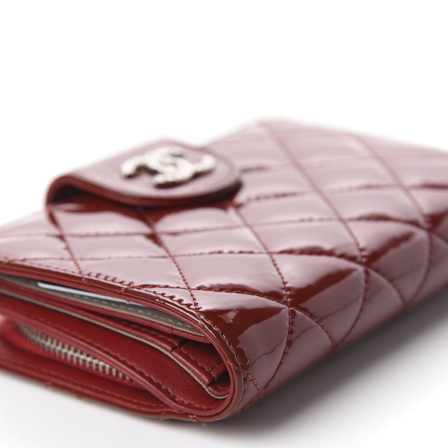 Patent Quilted Brilliant Zipped Pocket Wallet Dark Red