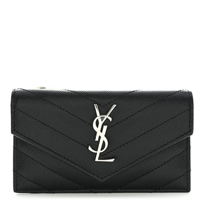 Saint Laurent Grain De Poudre Matelasse Chevron Monogram Compact Wallet Black 1 of 8