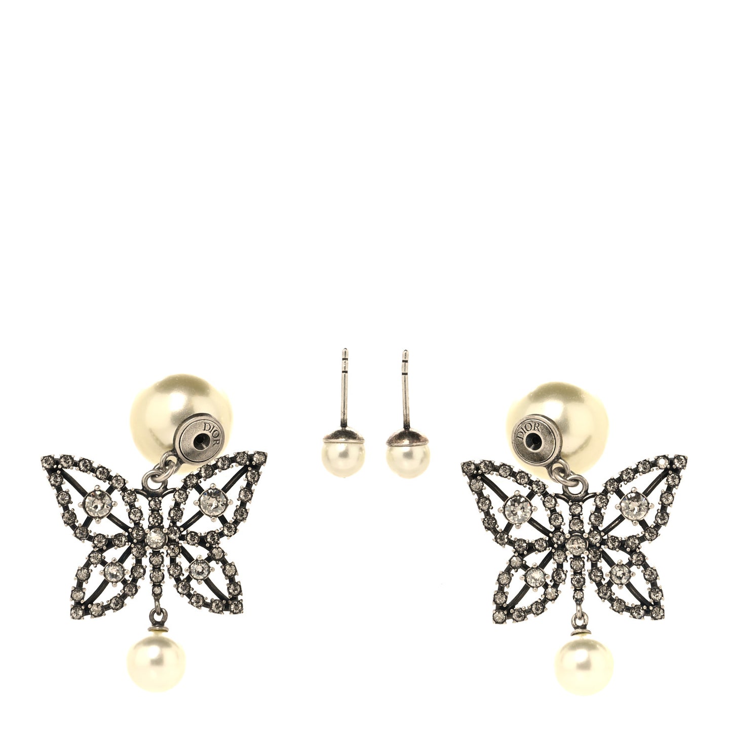 Crystal Pearl Butterfly Drop Earrings Silver