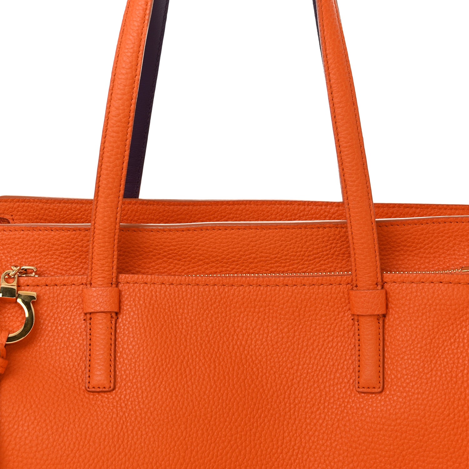 Salvatore Ferragamo Hammered Calfskin Double Handle Medium Amy Tote Orange Purple 8 of 13