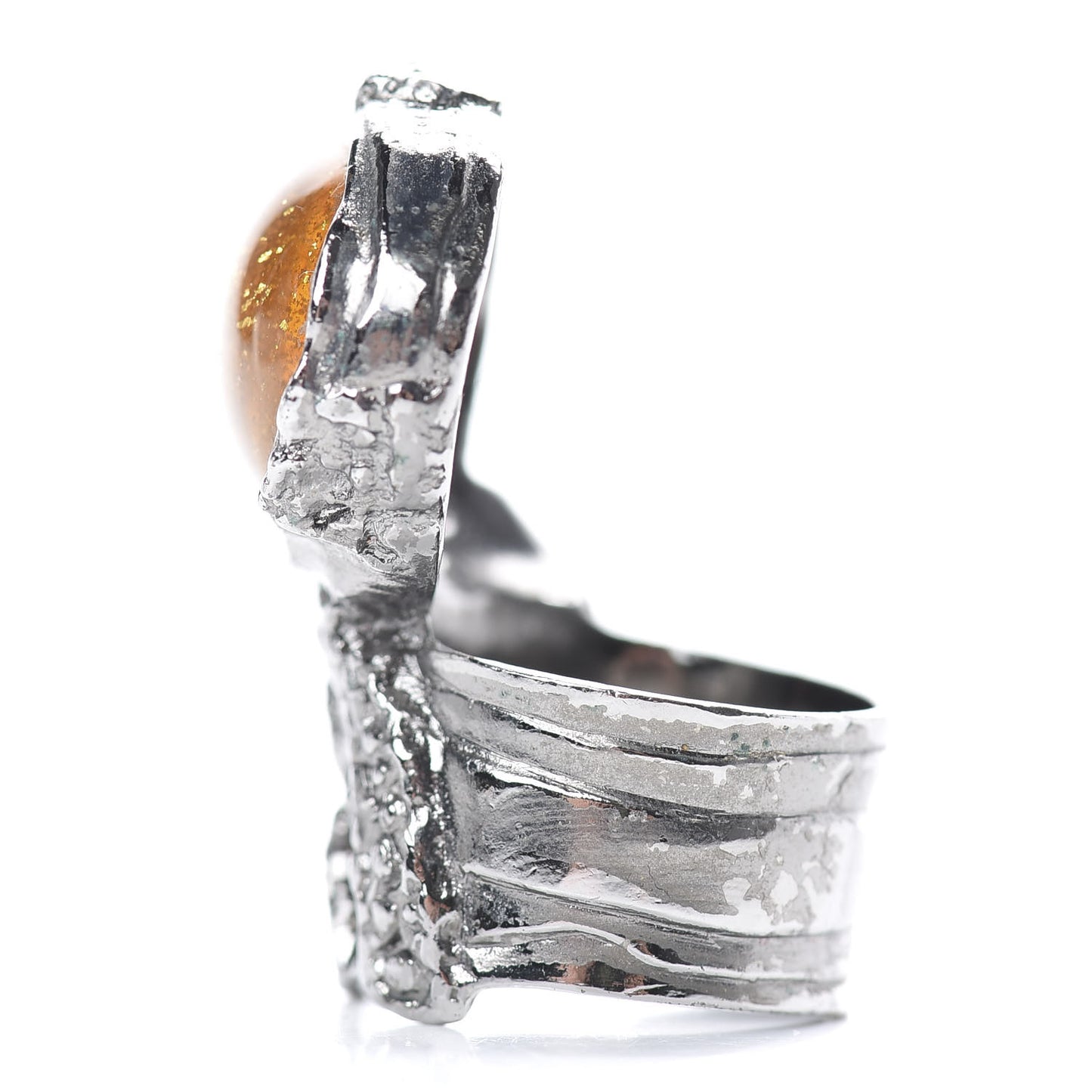 Glass Cabochon Arty Ovale Ring 8 Silver Yellow