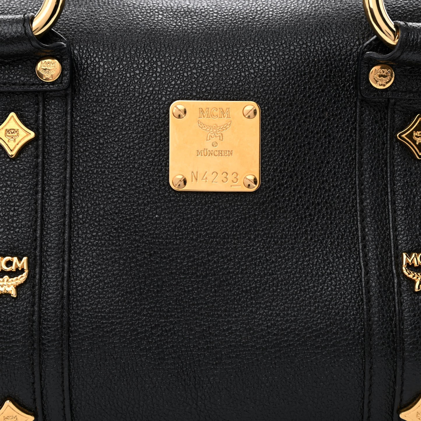 Grained Calfskin Studded Boston Bag Black