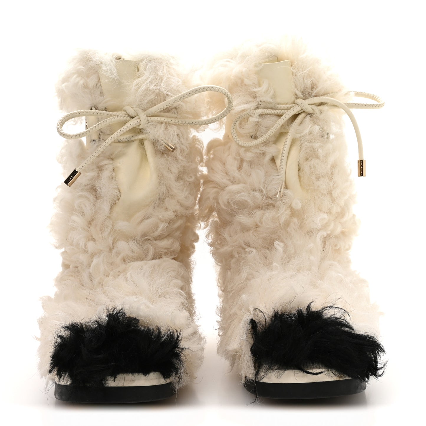 Shearling Sheepskin High Boots 38.5 Ivory Black