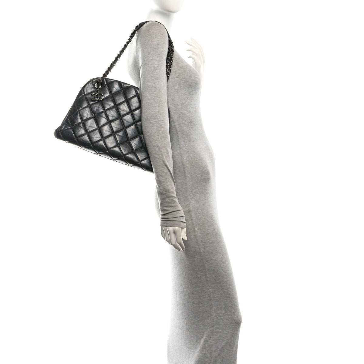 Iridescent Aged Calfskin Quilted Large Mademoiselle Bowling Bag Grey