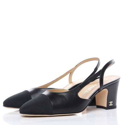 Chanel Lambskin Grosgrain Cap Toe CC Slingback Pumps 36 Black 3 of 9