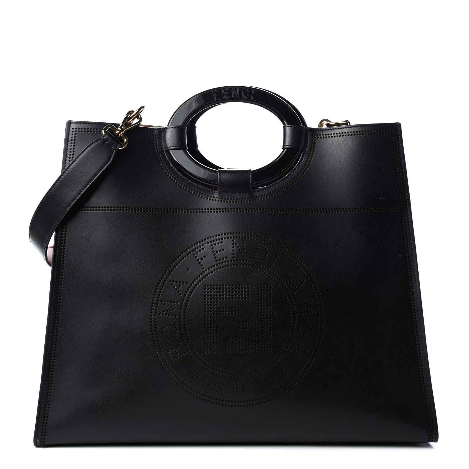 Fendi Vitello Liberty Plexiglass Stamp Patch Perforated Medium Runaway Shopper Tote Black 1 of 4