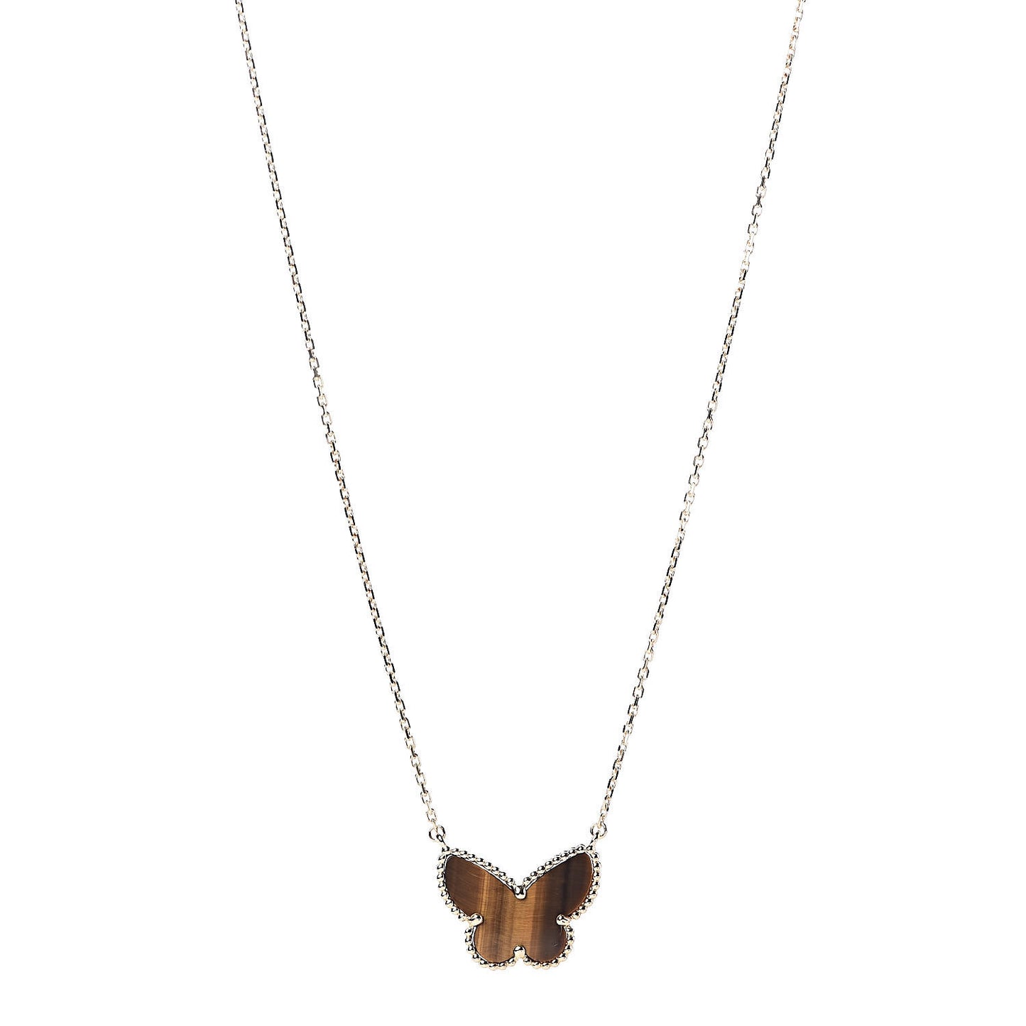 18K Yellow Gold Tiger Eye Lucky Alhambra Butterfly Pendant Necklace