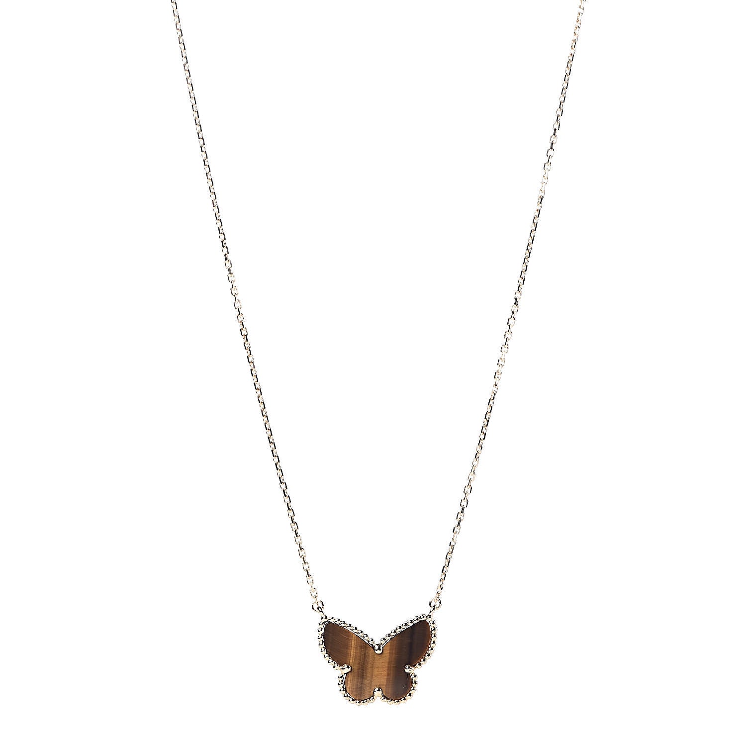 Van Cleef & Arpels 18K Yellow Gold Tiger Eye Lucky Alhambra Butterfly Pendant Necklace 1 of 6