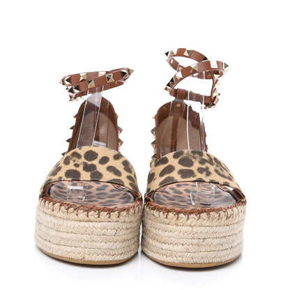 Valentino Garavani Canvas Leopard Print Rockstud Ankle Wrap Espadrille Flatform Sandals 38 Brown 2 of 8