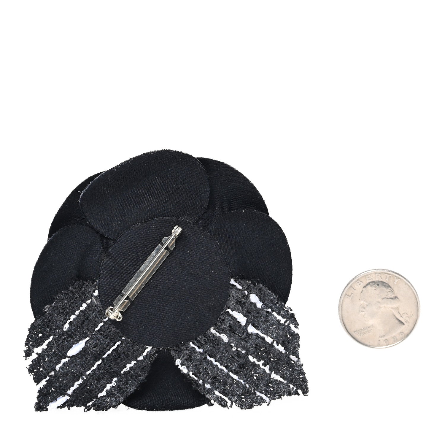 Chanel Tweed Camellia Pin Brooch Black 2 of 3