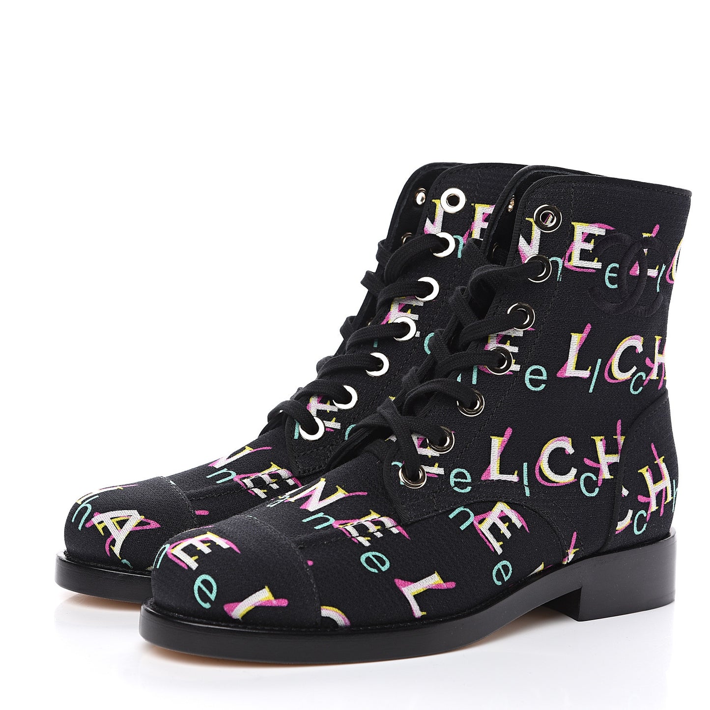 Tweed Lace Up Short Boots 37.5 Black Ecru Green Red