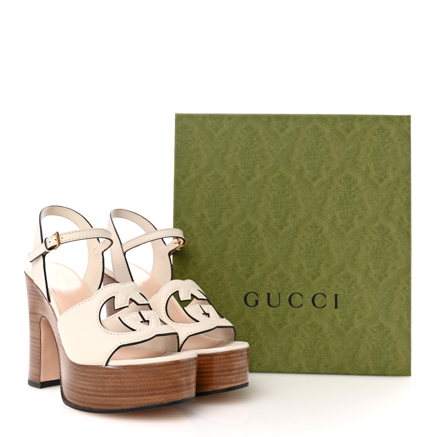 Cosmos Softy Calfskin Wooden Interlocking G Cut-Out 30/120mm Platform Sandals 38 Mystic White