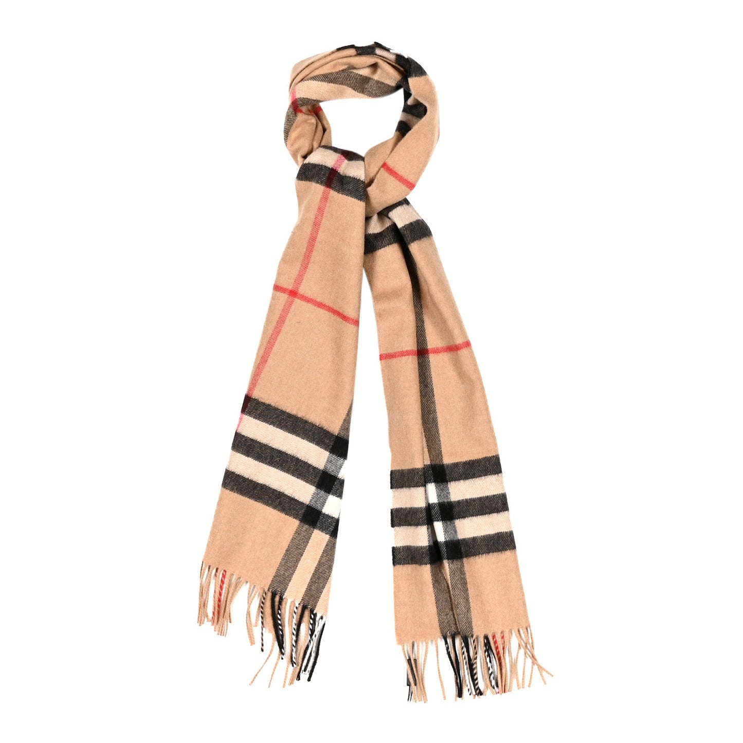 Cashmere Giant Check Fringe Scarf Camel