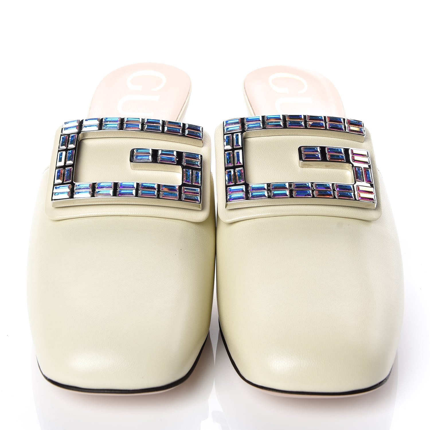 Gucci Malaga Kid Crystal Square G Madelyn Mules 36.5 Vintage White 2 of 8