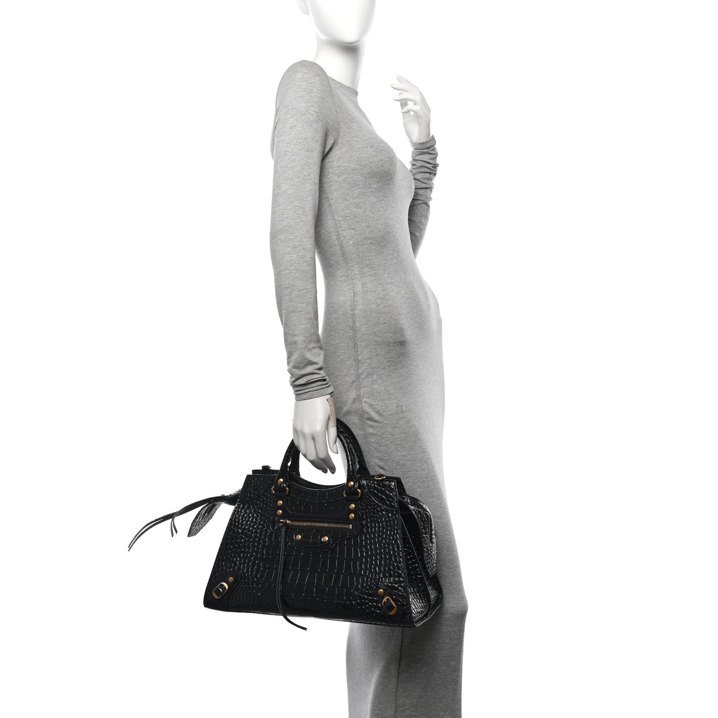 Shiny Supple Calfskin Crocodile Embossed Brass Hardware Neo Classic City Black