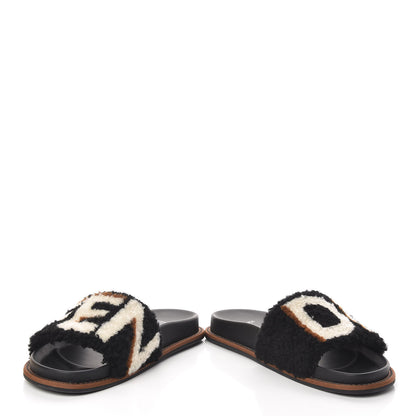 Fendi Shearling Logo Slide Sandals 39 Black Latte Brownie 5 of 11