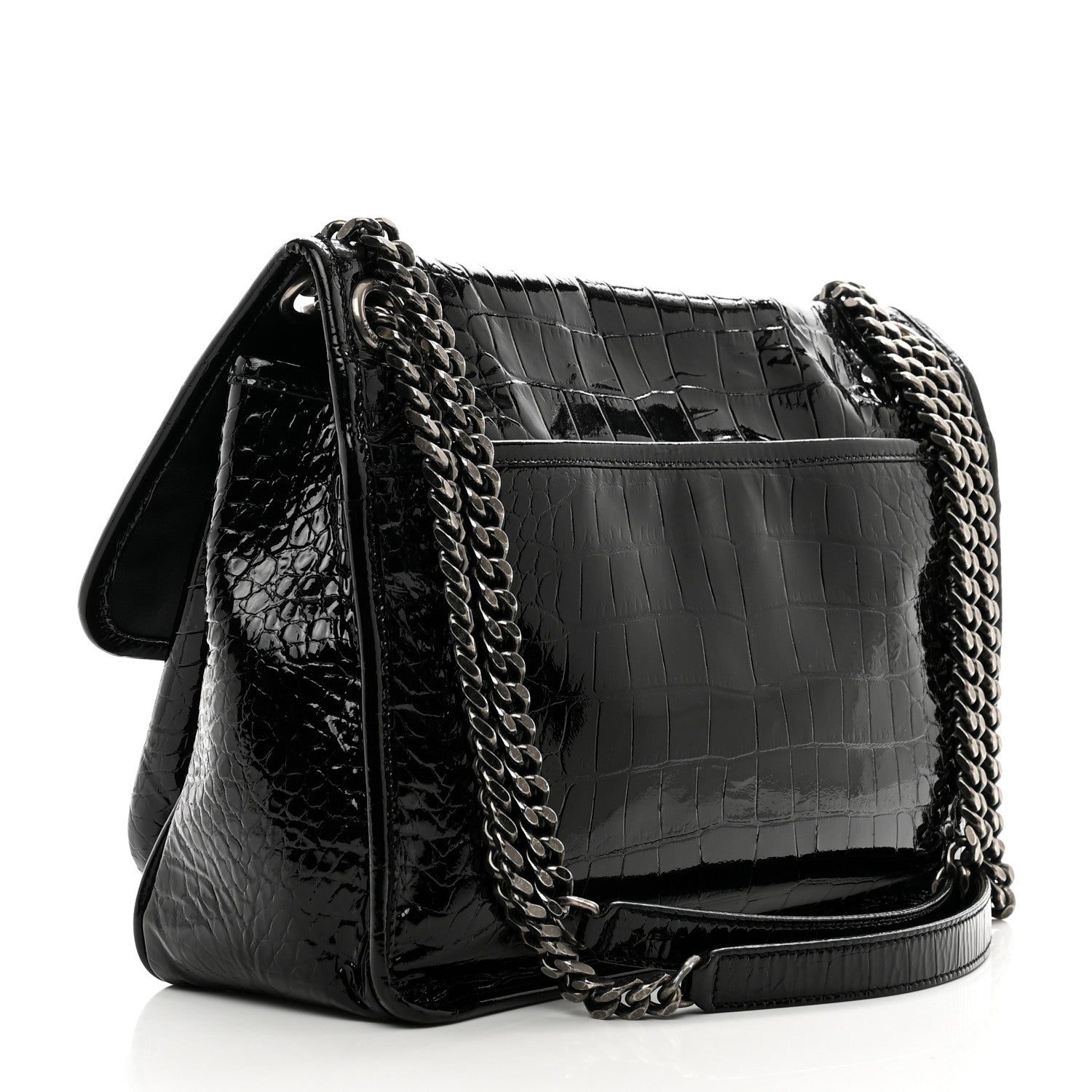 Saint Laurent Patent Crocodile Embossed Lambskin Monogram Medium Niki Chain Satchel Black 3 of 12