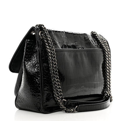 Saint Laurent Patent Crocodile Embossed Lambskin Monogram Medium Niki Chain Satchel Black 3 of 12