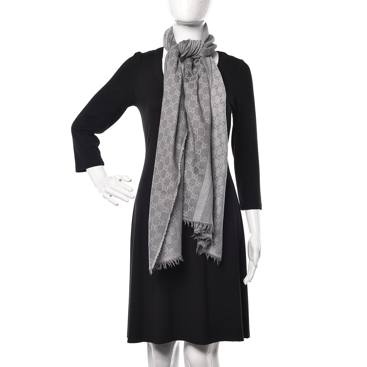 Gucci Wool Silk GG Monogram GGWeblong Fringe Scarf Shawl Pearl Medium Grey 2 of 3
