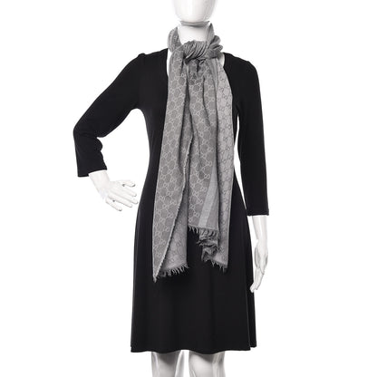 Gucci Wool Silk GG Monogram GGWeblong Fringe Scarf Shawl Pearl Medium Grey 2 of 3