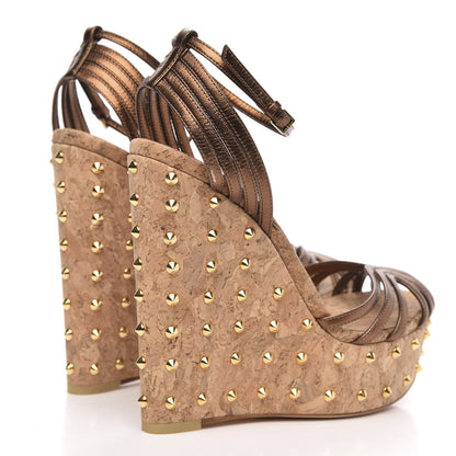 Gucci Metallic Calfskin Cork Stud Wedge Sandals 37 Brown 4 of 9