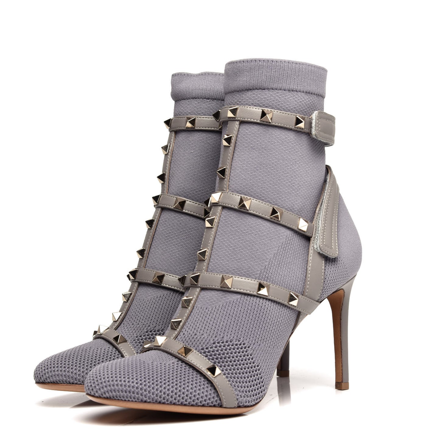 Calfskin Knit Rockstud Bodytech Sock Booties 37.5 Grey