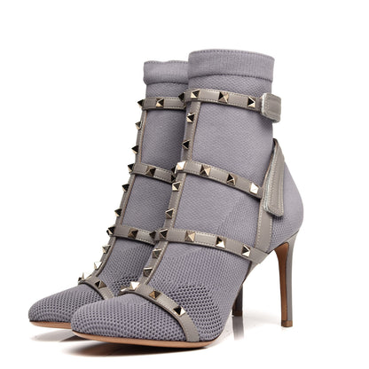 Valentino Garavani Calfskin Knit Rockstud Bodytech Sock Booties 37.5 Grey 3 of 9