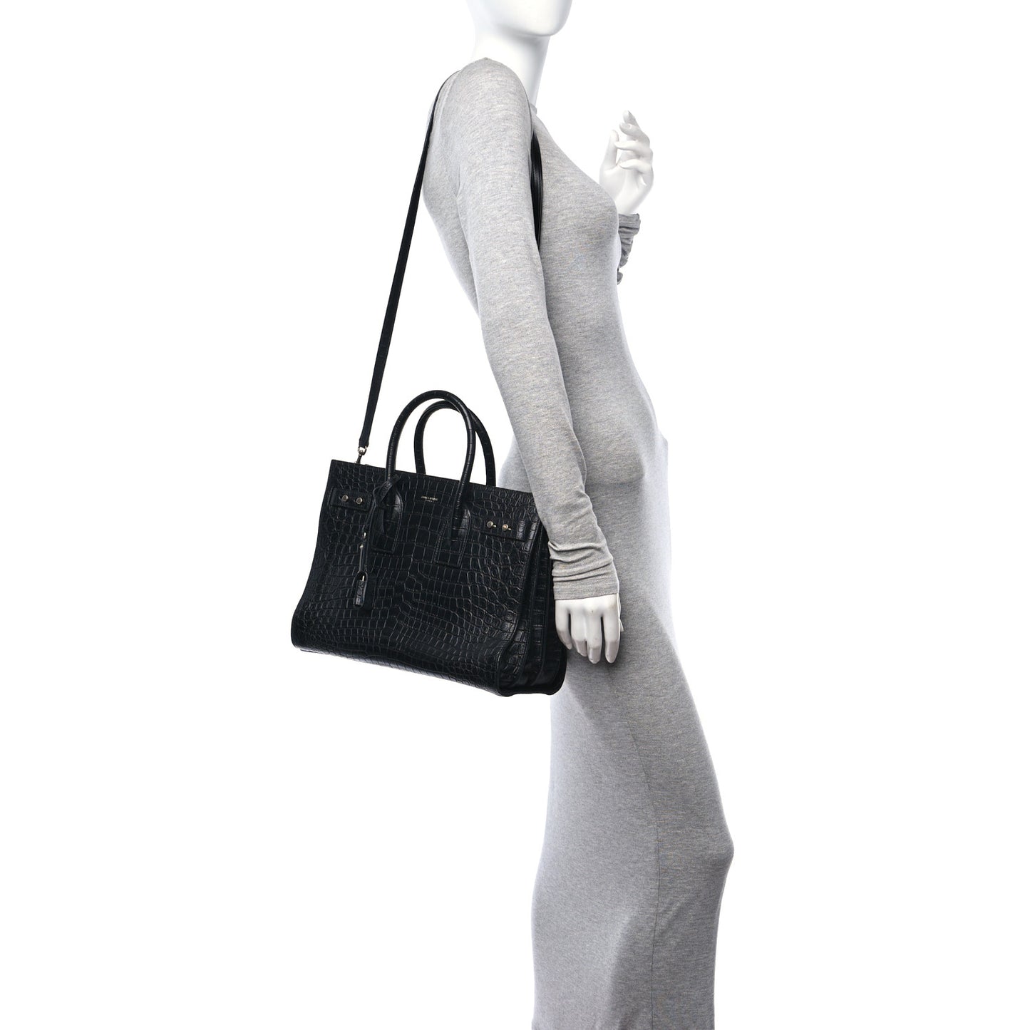 Calfskin Crocodile Embossed Small Supple Sac de Jour Black
