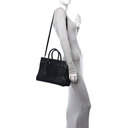 Saint Laurent Calfskin Crocodile Embossed Small Supple Sac de Jour Black 3 of 20