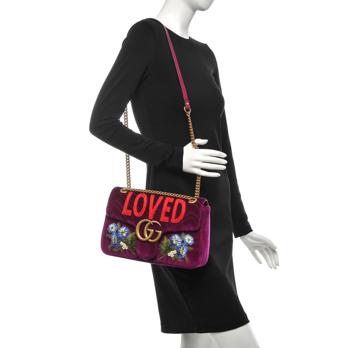 Velvet Matelasse Loved Embroidered Medium GG Marmont Shoulder Bag Fuchsia Violet Cyclamen