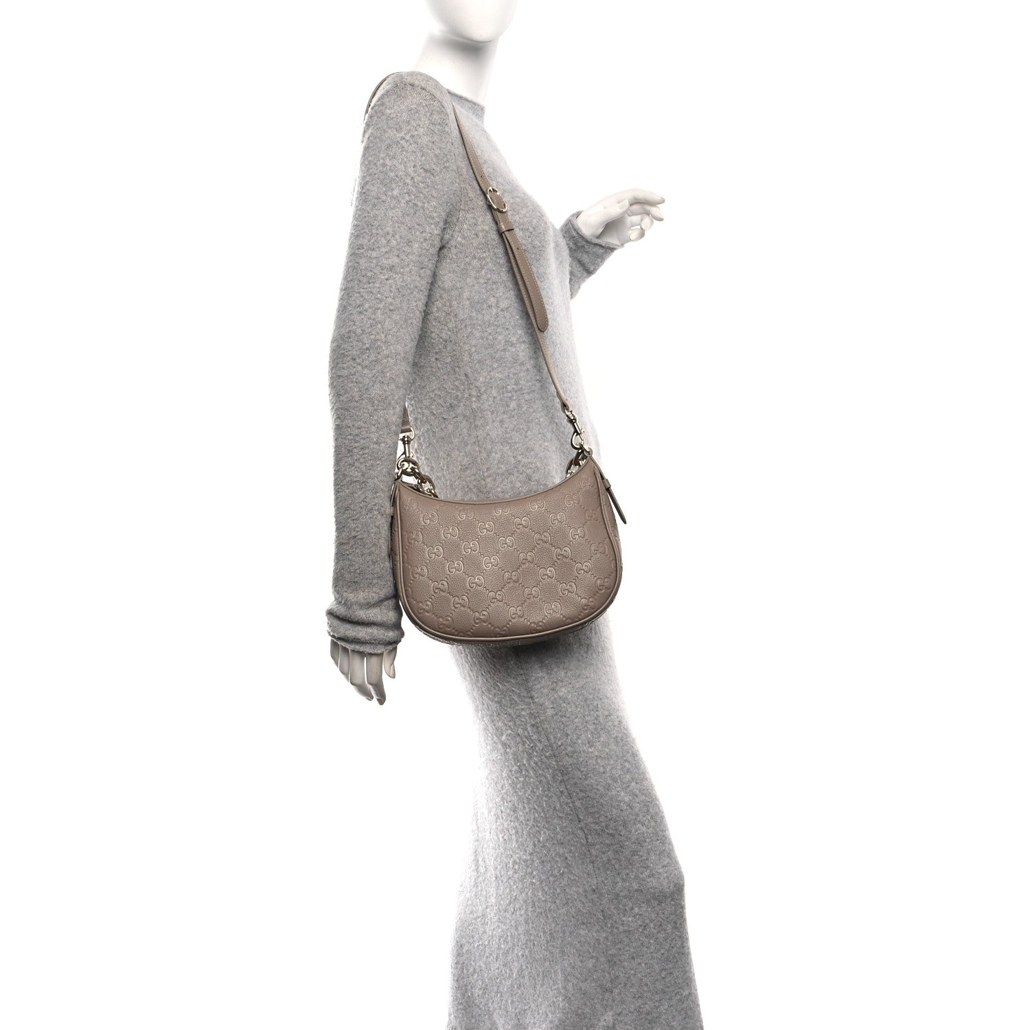Gucci GG Grainy Calfskin Emblem Medium Half Moon Shoulder Bag Taupe 2 of 11