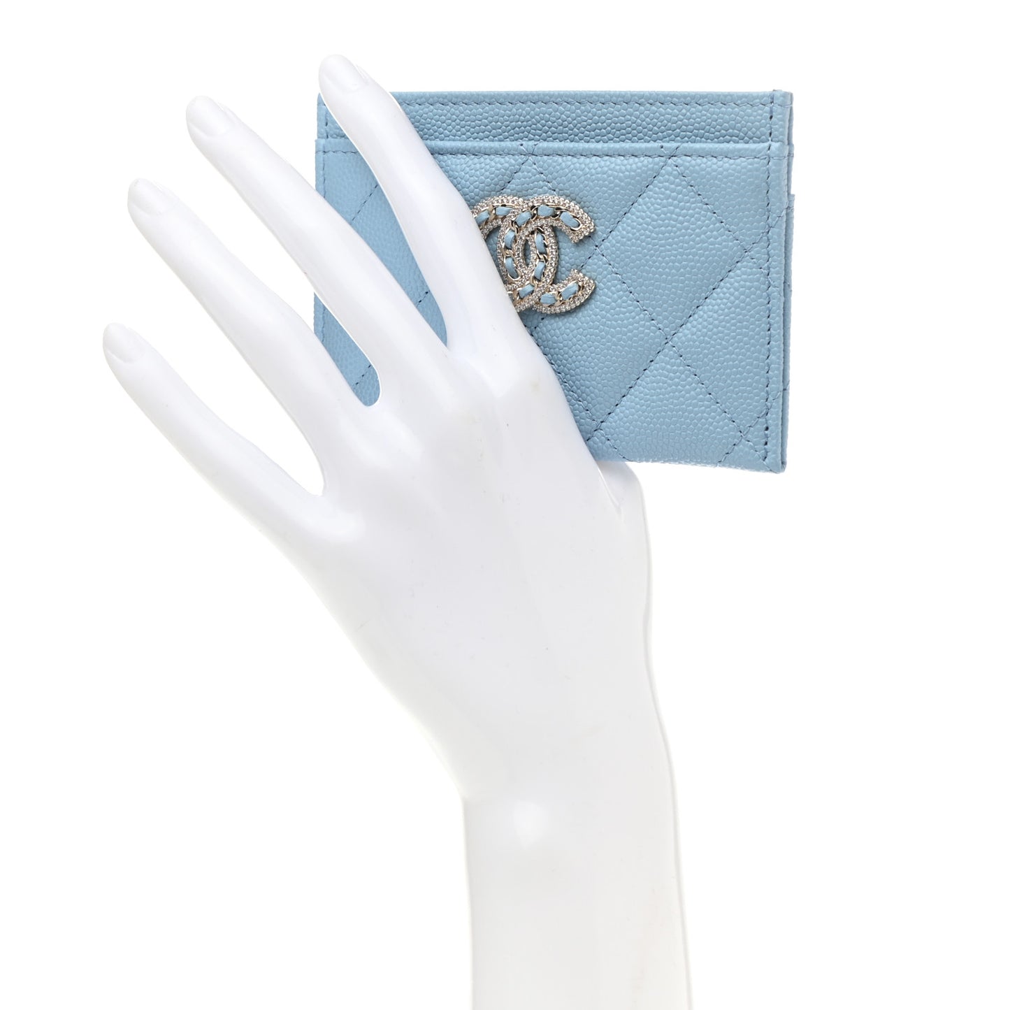 Caviar Quilted Crystal Card Holder Light Blue