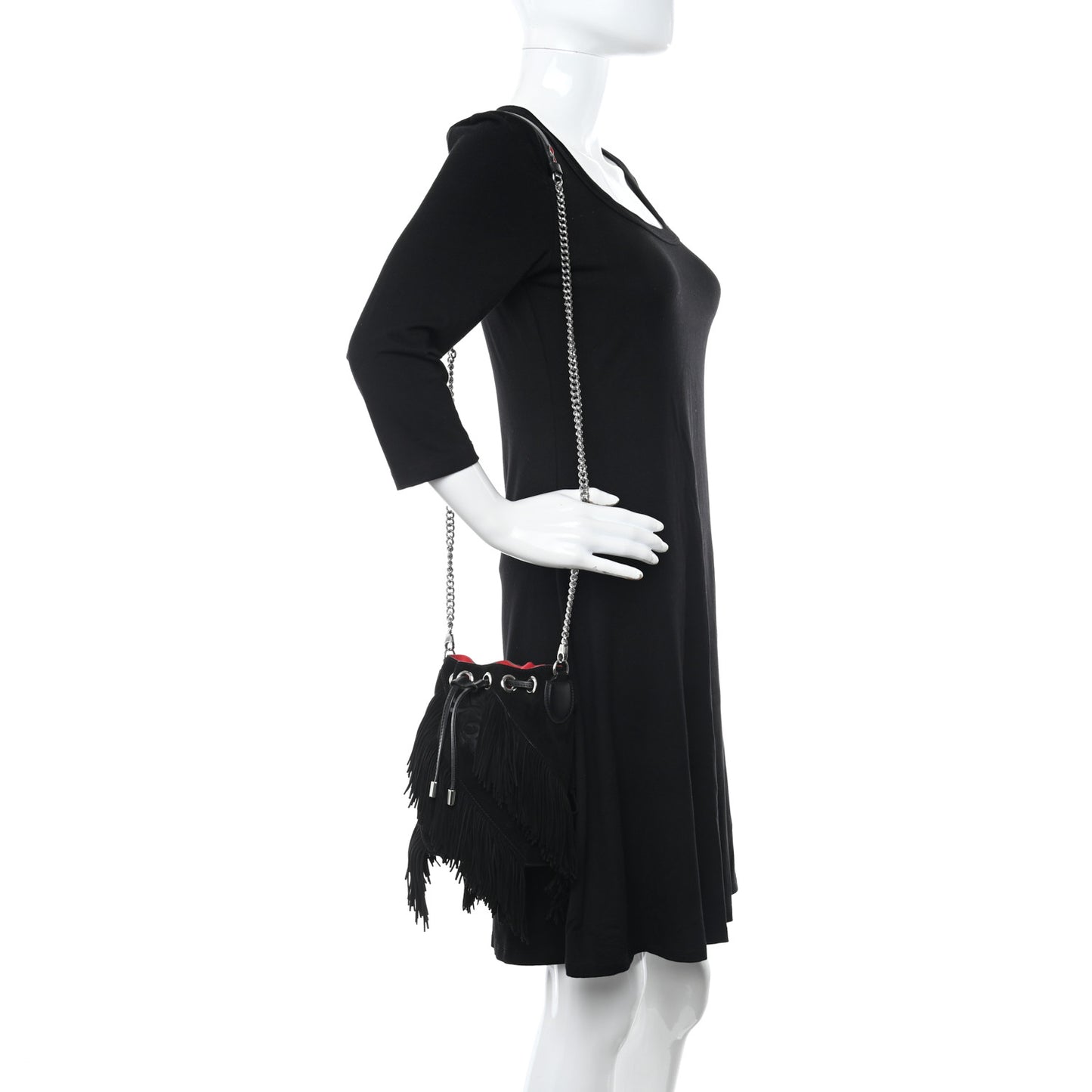 Suede Calfskin Fringe Marie Jane Bucket Black