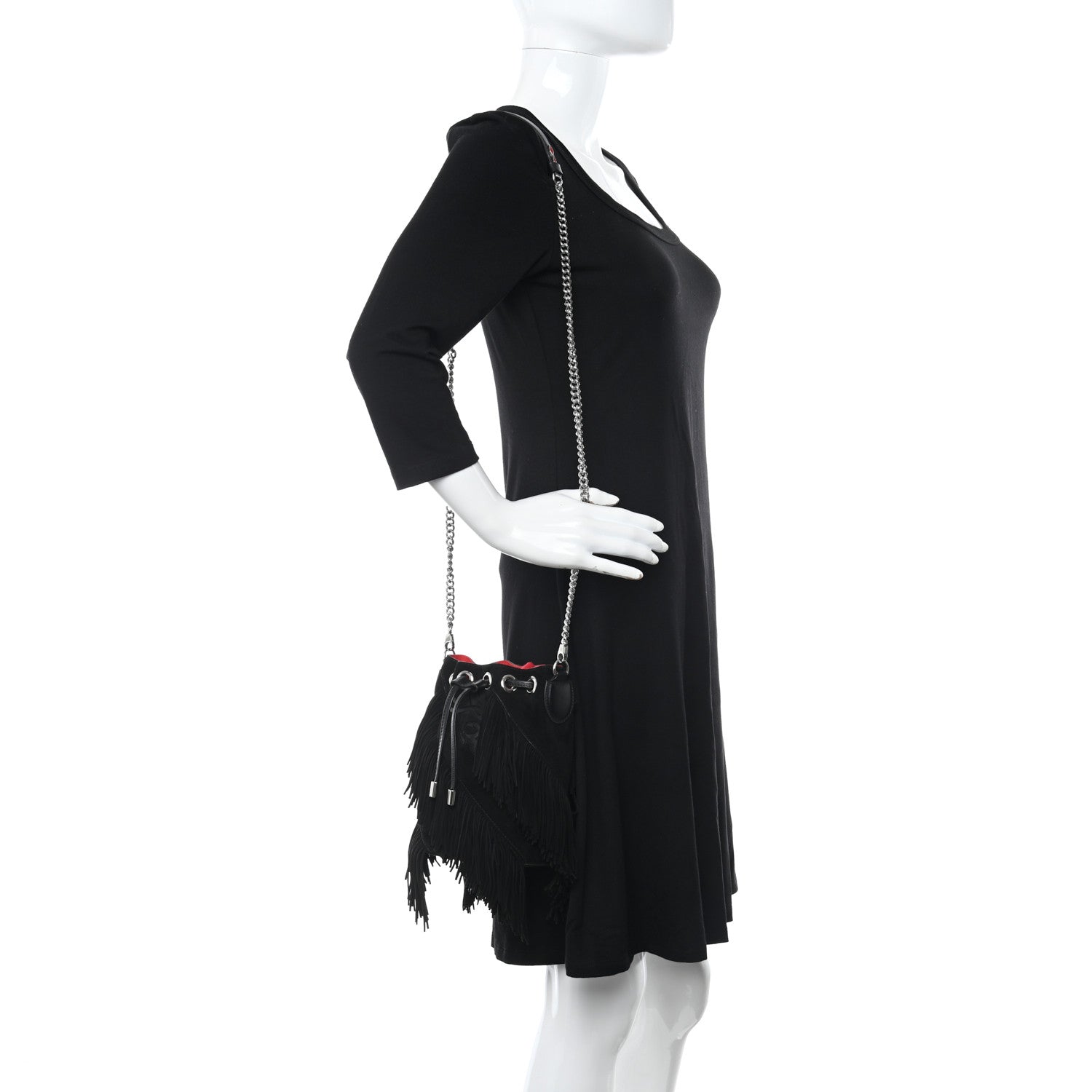Christian Louboutin Suede Calfskin Fringe Marie Jane Bucket Black 2 of 12