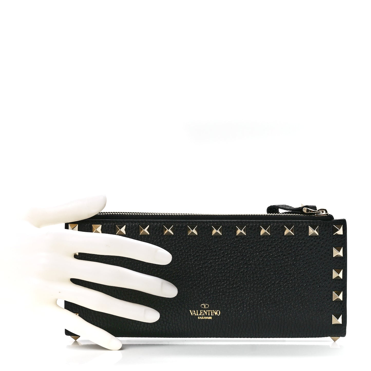 Pebbled Calfskin Rockstud Fold Zip Wallet Black