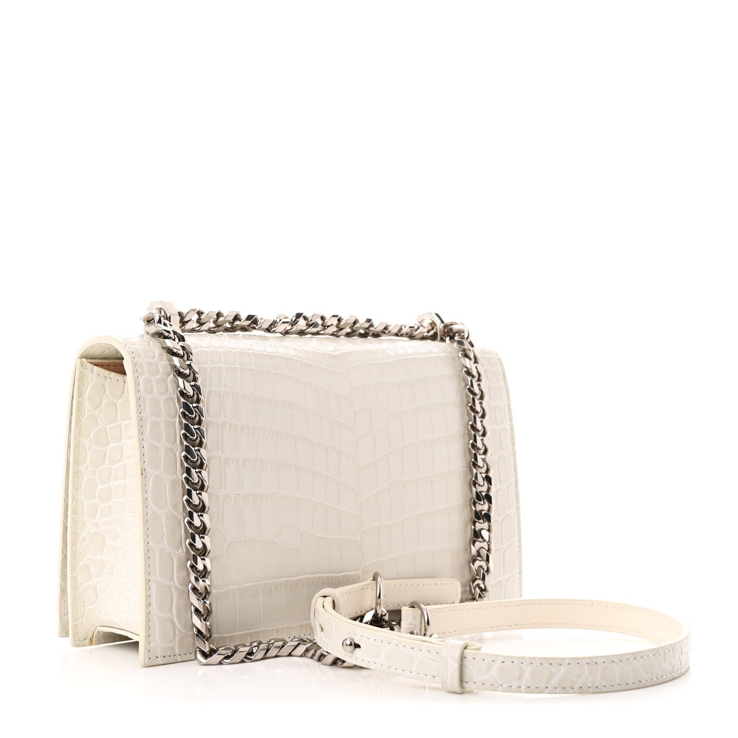 Alexander McQueen Shiny Calfskin Crocodile Embossed Knuckle Jeweled Crossbody White 3 of 11