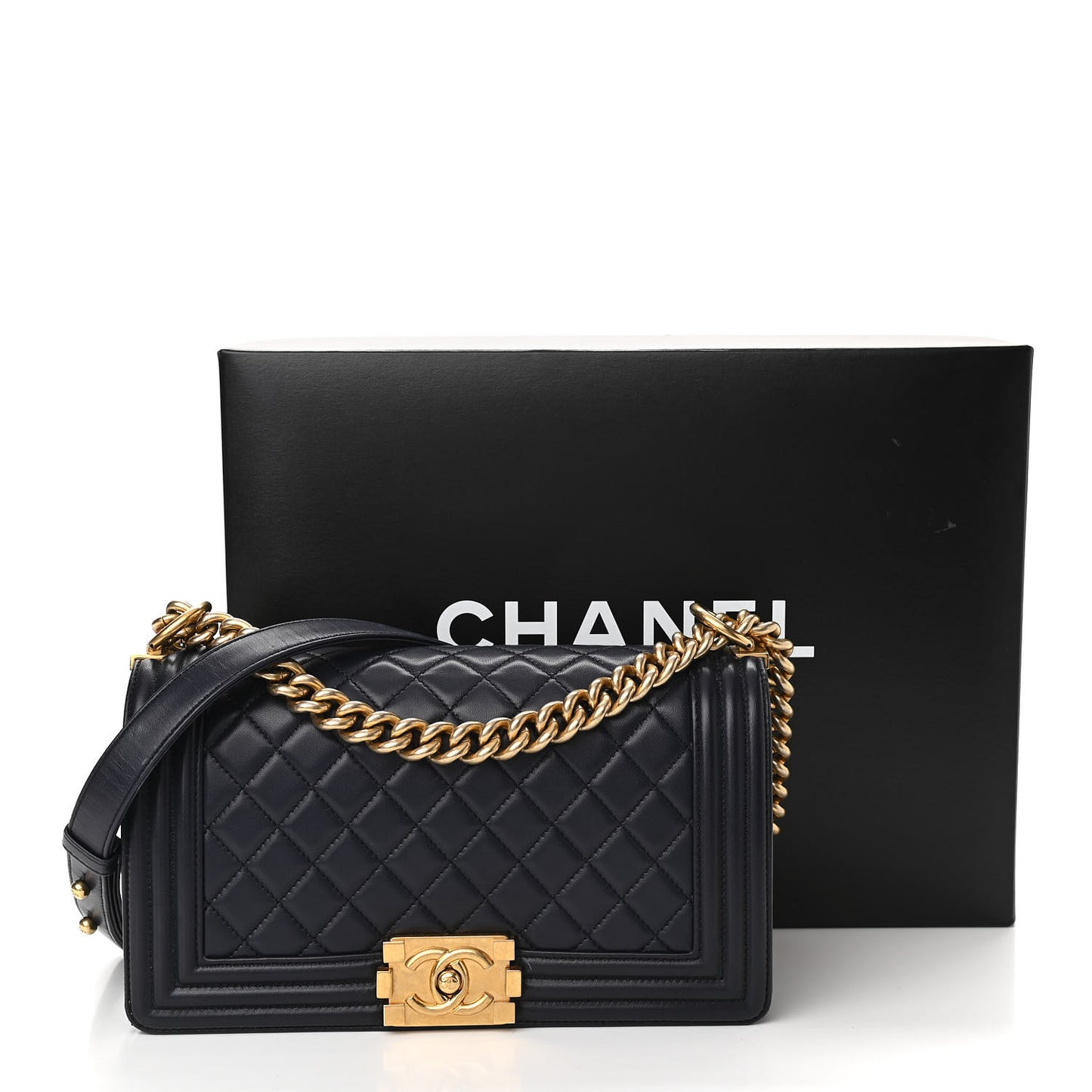 Lambskin Quilted Medium Boy Flap Dark Navy